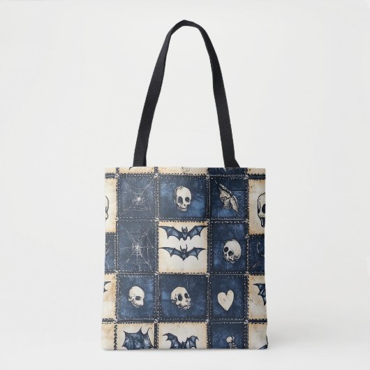Gotische Halloween Denim Patchwork Patroon Tote Bag (Voorkant)