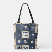 Gotische Halloween Denim Patchwork Patroon Tote Bag (Achterkant)