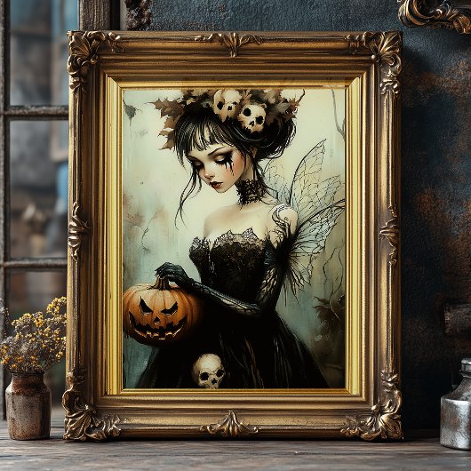 Gotische Halloween-fee met schedels en pompoen Foto Afdruk