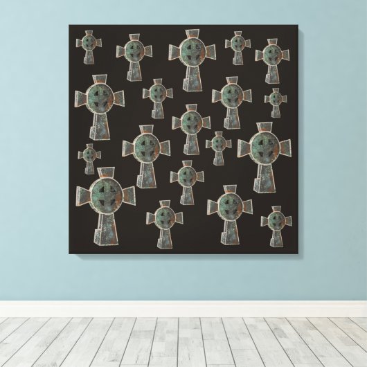 Gotische Halloween Graveyard Headstone Cross Teken Canvas Afdruk (Insitu (Houten vloer))