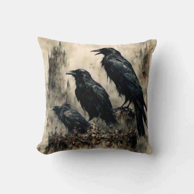  Gotische Halloween Grote Zwarte Raven Bird Kussen (Voorkant)