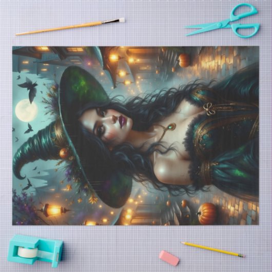 Gotische Halloween-heks met pompoenen en maanlicht Tissuepapier (Craft)