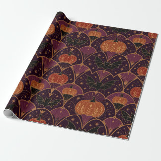 Gotische Halloween Pompoen & Vleermuis Damast Cadeaupapier