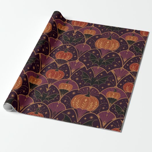 Gotische Halloween Pompoen & Vleermuis Damast Cadeaupapier (Uitgerold)