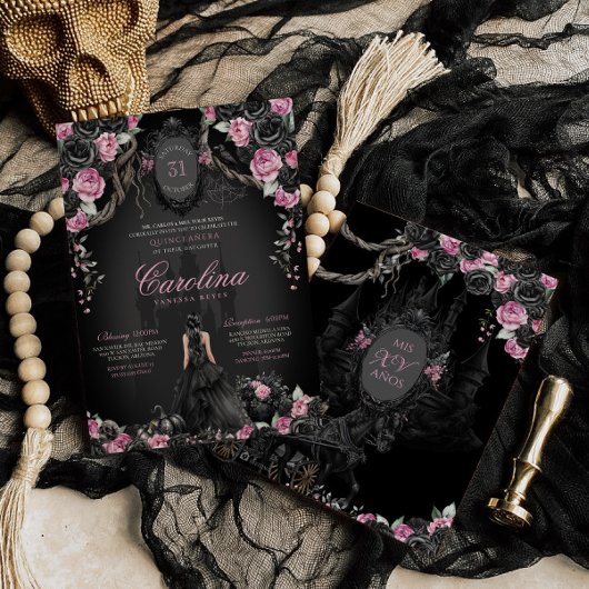 Gotische Halloween Roze Zwart Prinses Quinceanera Kaart
