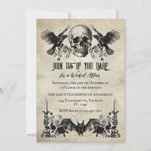 Gotische Halloween schedel kaars vleermuis raven z Kaart (Voorkant)