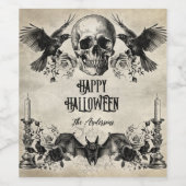 Gotische Halloween schedel kaars vleermuis raven z Wijn Etiket (Enkel label)