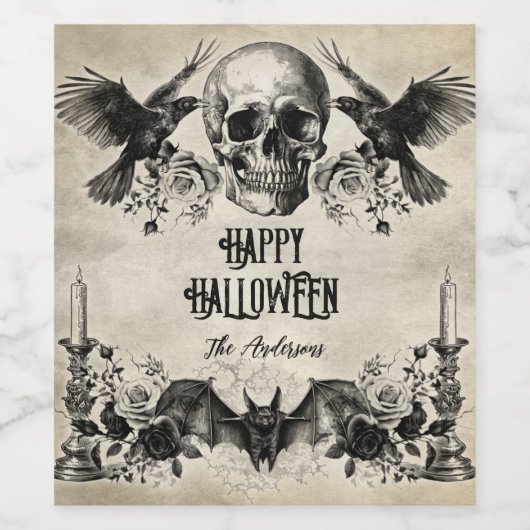 Gotische Halloween schedel kaars vleermuis raven z Wijn Etiket (Enkel label)