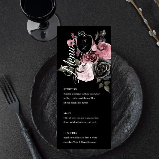 Gotische Halloween Waterverf Floral Monogram Crest Menu