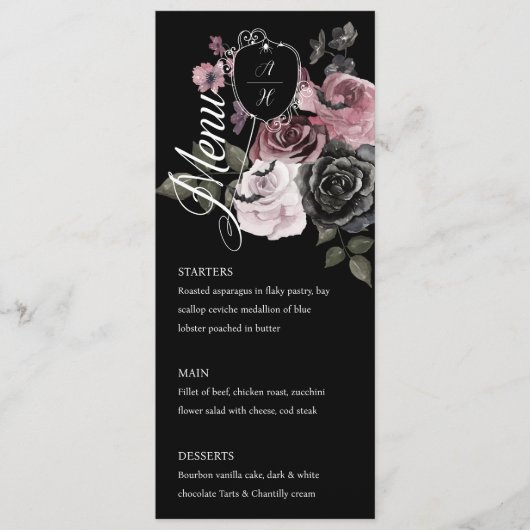 Gotische Halloween Waterverf Floral Monogram Crest Menu (Voorkant)