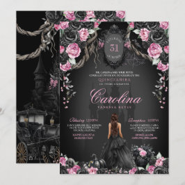 Gotische Halloween Zwart Roos & Roze Quinceañera Kaart