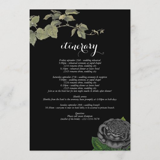 Gotische Halloween Zwart Rozen Bruiloft Route Programmakaart (Achterkant)