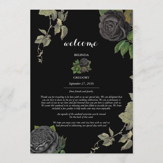 Gotische Halloween Zwart Rozen Bruiloft Route Programmakaart (Voorkant)