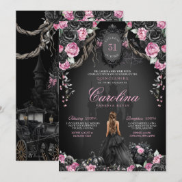 Gotische Halloween Zwart Rozen Roze Quinceañera Kaart
