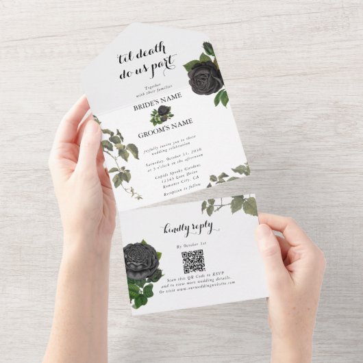 Gotische Halloween Zwart Rozen Wit Bruiloft All In One Uitnodiging (Afscheurbaar)