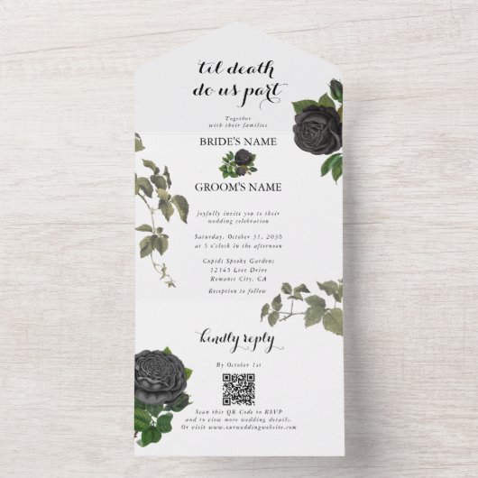 Gotische Halloween Zwart Rozen Wit Bruiloft All In One Uitnodiging (Binnen)