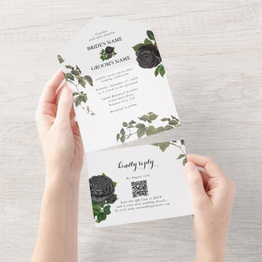 Gotische Halloween Zwart Rozen Wit Bruiloft All In One Uitnodiging (Afscheurbaar)