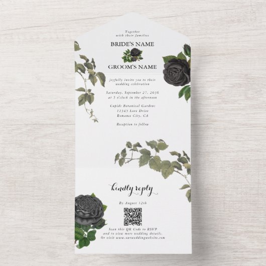 Gotische Halloween Zwart Rozen Wit Bruiloft All In One Uitnodiging (Binnen)