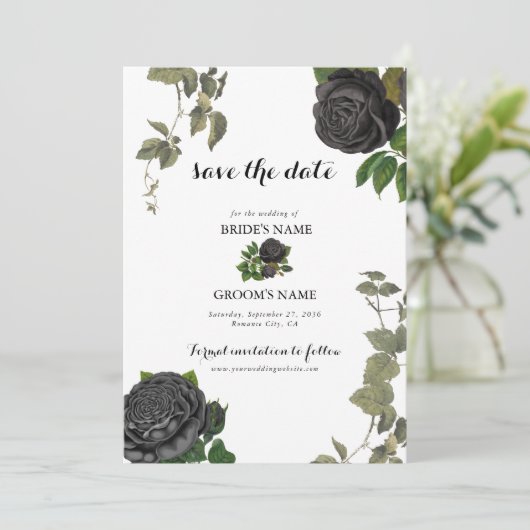 Gotische Halloween Zwart Rozen Wit Bruiloft Save The Date (Staand voorkant)
