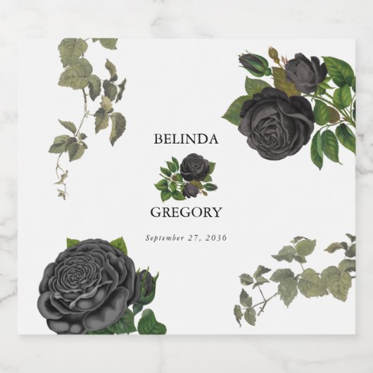 Gotische Halloween Zwart Rozen Wit Bruiloft Sparkling Wijnetiket (Enkel label)