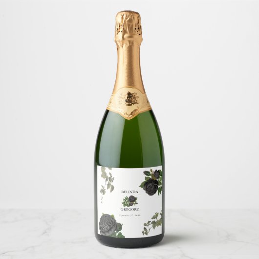 Gotische Halloween Zwart Rozen Wit Bruiloft Sparkling Wijnetiket (Voorkant)