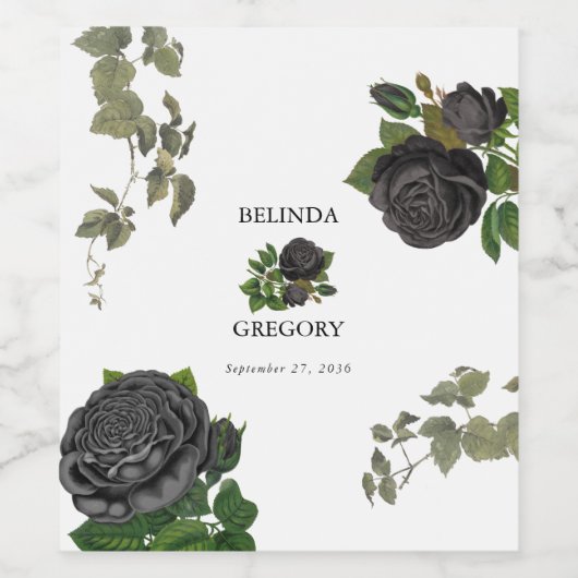 Gotische Halloween Zwart Rozen Wit Bruiloft Wijn Etiket (Enkel label)