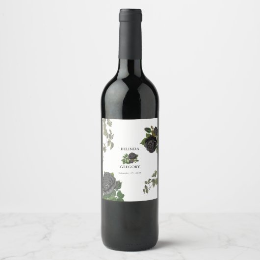 Gotische Halloween Zwart Rozen Wit Bruiloft Wijn Etiket (Voorkant)