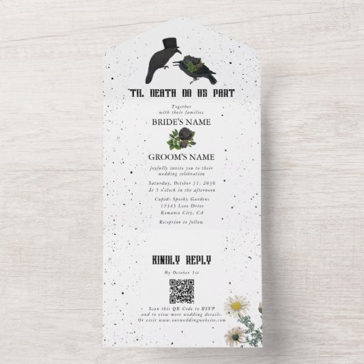 Gotische Halloween Zwarte Rozen Kraaien Bruiloft All In One Uitnodiging (Binnen)