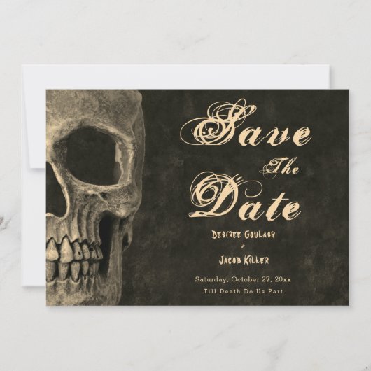 Gotische halve schedel hoofd  sepia Save the Date Aankondiging (Voorkant)