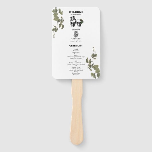 Gotische Hart Bloemen Skulls Trouwprogramma Handwaaier (Voorkant)