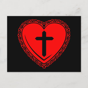 Gotische Hart + Kruis Ansichtkaart (Zwart + Rood) Briefkaart