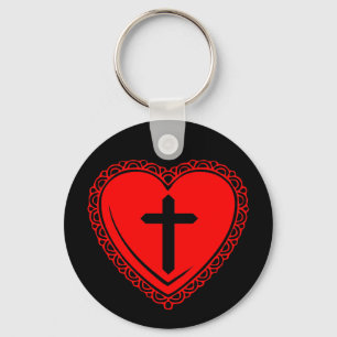 Gotische Hart + Kruis Sleutelhanger (Zwart + Rood)
