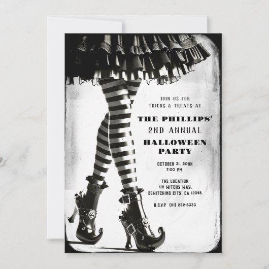 Gotische heks gestreepte benen zwart wit Halloween Kaart (Voorkant)