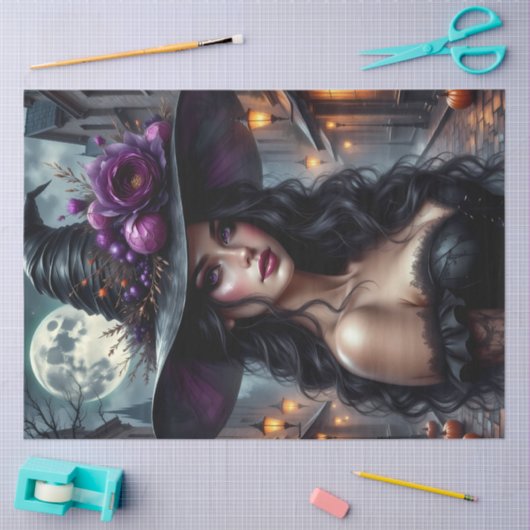 Gotische heks met maanverlichte straat en Paarse R Tissuepapier (Craft)