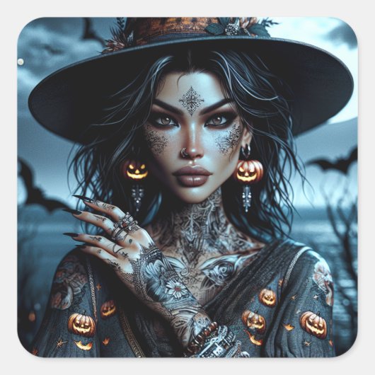  Gotische Heks met Tattoos Halloween Vierkante Sticker (Voorkant)