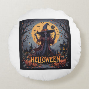 Gotische heks onder de volle maan - Halloween Rond Kussen