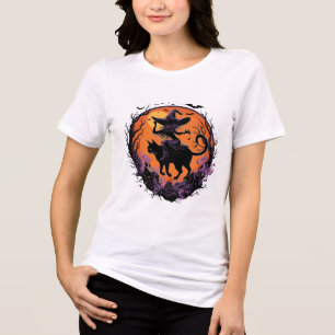 Gotische Heks Zwarte Kat Halloween Maan Tri-Blend Shirt