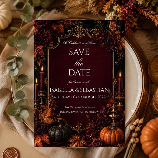 Gotische herfst pompoen bruiloft save the date