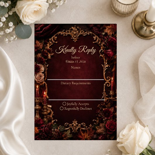Gotische herfst romantische bruiloft RSVP kaartje