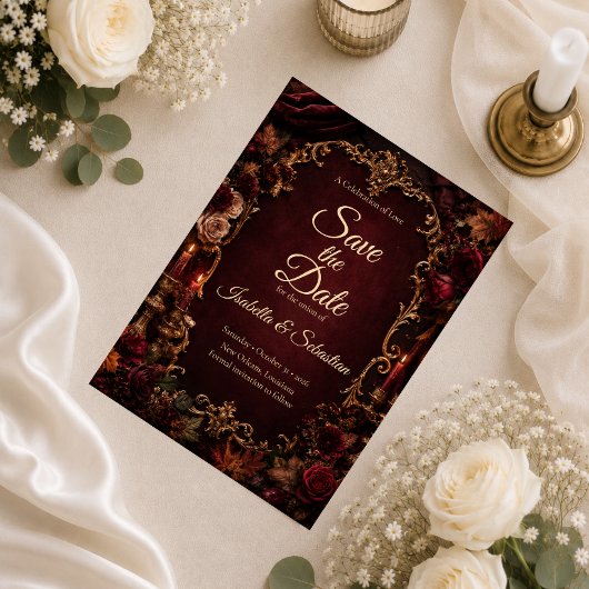 Gotische herfst romantische bruiloft save the date