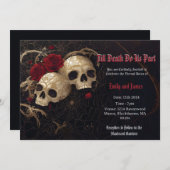 Gotische huwelijksuitnodiging met schedels en roze kaart (Voorkant / Achterkant)