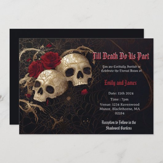 Gotische huwelijksuitnodiging met schedels en roze kaart (Voorkant / Achterkant)