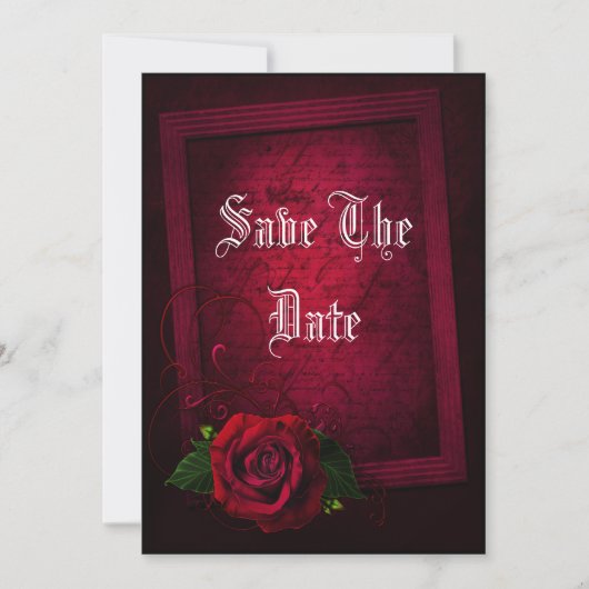Gotische ingelijst Letter & Red Rose Save The Date (Voorkant)
