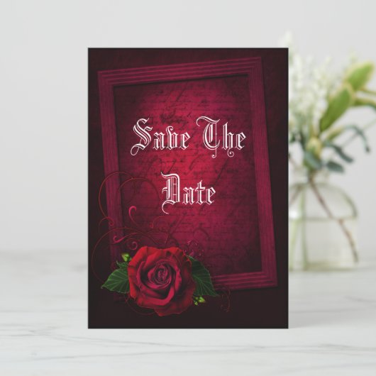 Gotische ingelijst Letter & Red Rose Save The Date (Staand voorkant)