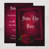 Gotische ingelijst Letter & Red Rose Save The Date (Voorkant / Achterkant)