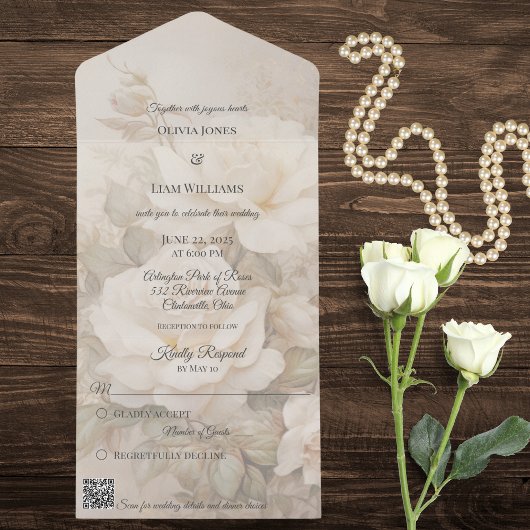 Gotische Ivoor Roos Silhouet QR Code All In One Uitnodiging