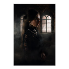Gotische kantwerk vrouw nevelige stenen kamer perfect poster