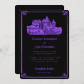 Gotische Kasteelgrens Zwart Paarse bruiloft Kaart (Voorkant / Achterkant)