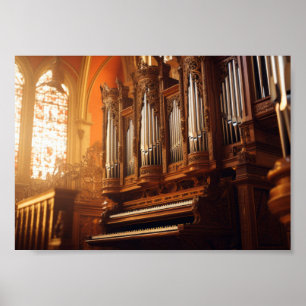 Gotische kathedraal pijporgel met warm zonlicht  poster