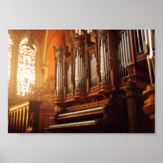 Gotische kathedraal pijporgel met warm zonlicht poster